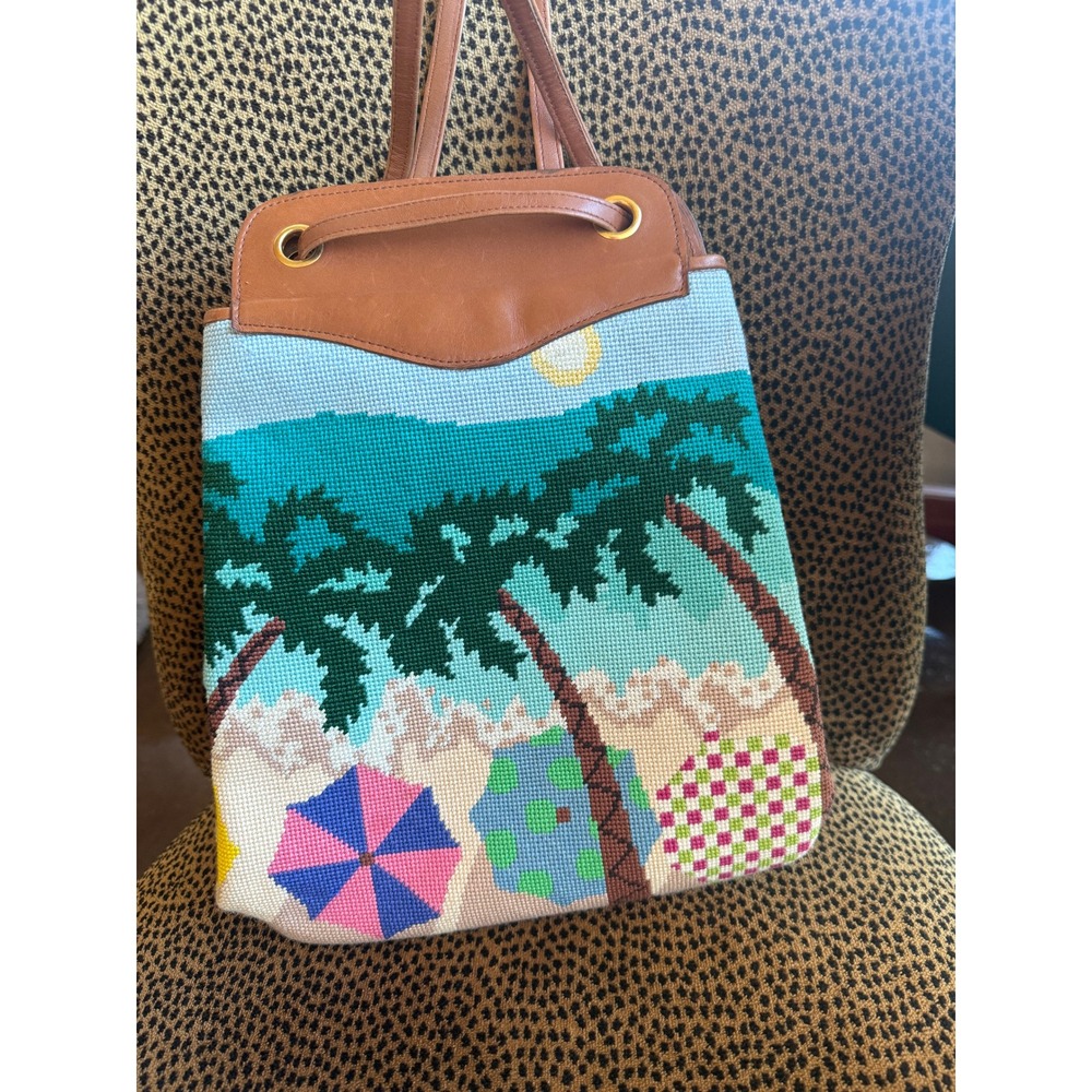 VTG Elizabeth Turner Needlepoint Backpack Beach Umbrella Palm Tree Leather Bag